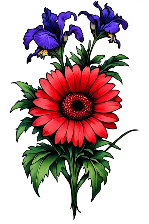 Red Gerbera Daisy Intertwined With Purple Iris Flower