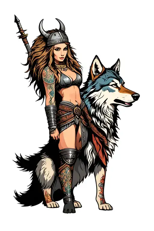 Viking Woman Warrior With A Wolf