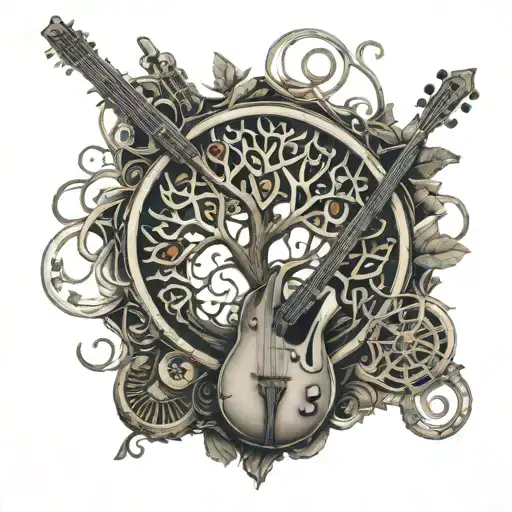 An Intricately Designed Tattoo Of A Tree Of Life With Musical Instruments As Branches