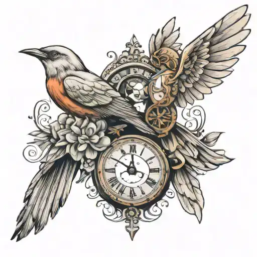 Bird With A Clock And Angel In The Image
