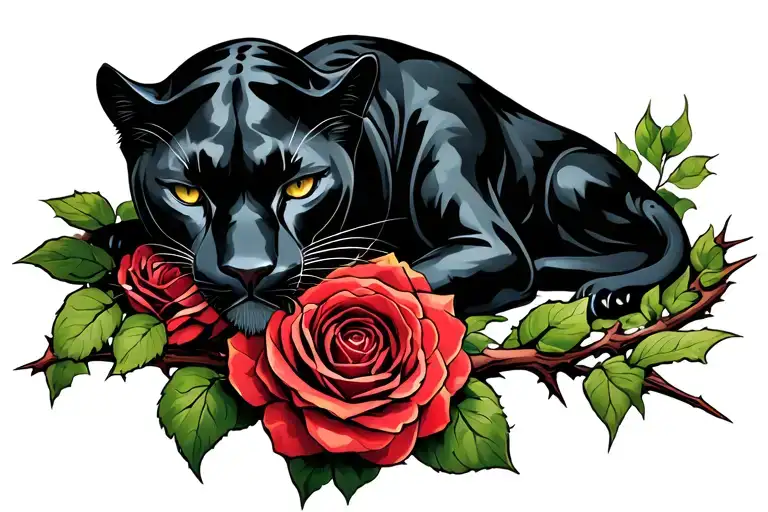 Black Panther Laying On Rose Stem With Thorns
