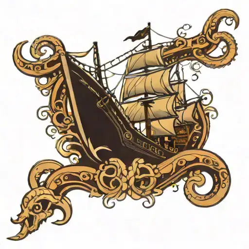 Ship With Kraken On Anchor Underwater