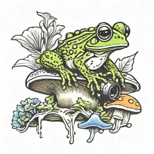 Frog Sitting On Mushroom Listening To Music On Headphones