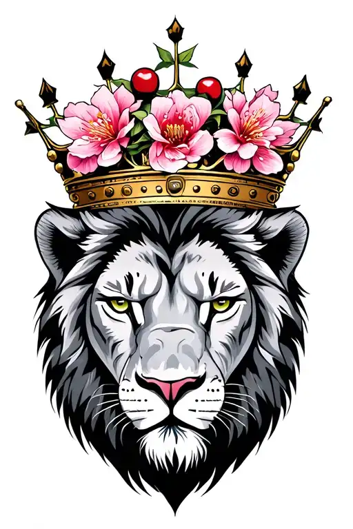 Crowned Lion Head With Cherry Blossom