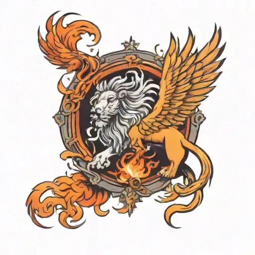 Lion And Phoenix Rising From Ashes