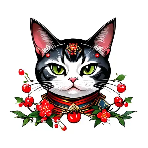 Samurai Cat With Cherry Flowers