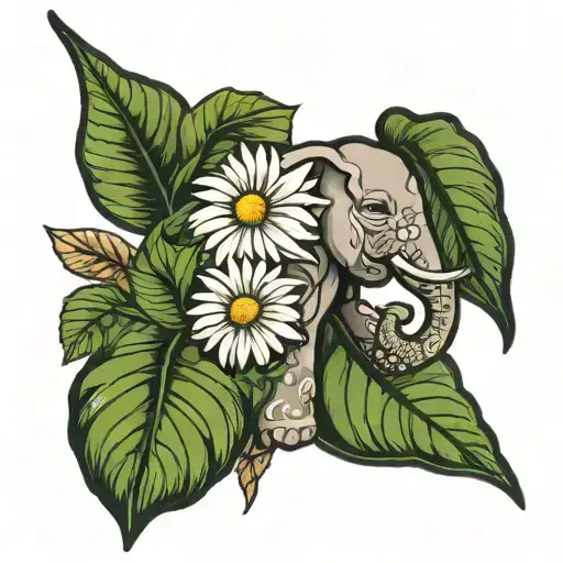 Daisies And Elephant Ear Leaves