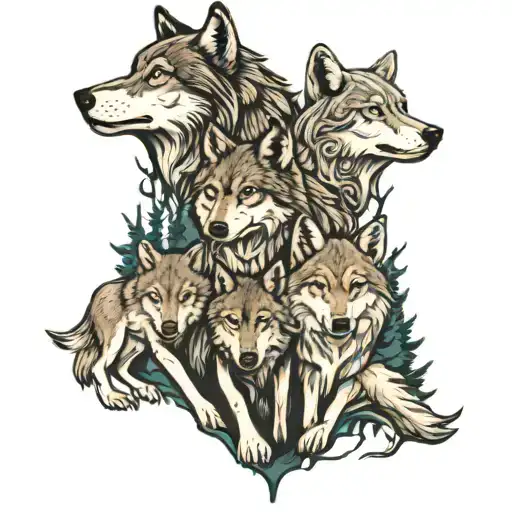 Wolf Family In The Woods
