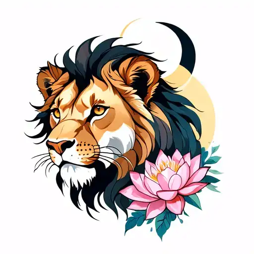 Lioness With Lotus Flower And Crescent Moon