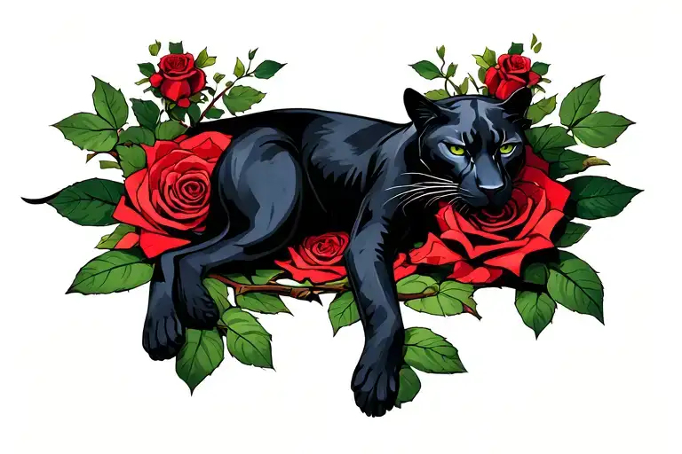 Black Panther Laying On Rose With Thorns