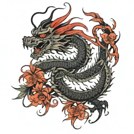 Large Japanese Dragon Spine Tattoo With Red Spider Lily Flowers