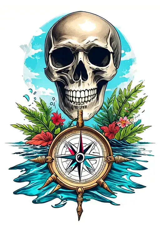 Framed Water Tropical Skull Compass Pirate