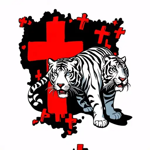 White Tiger Surrounding A Big Red Cross Made From Little Crosses