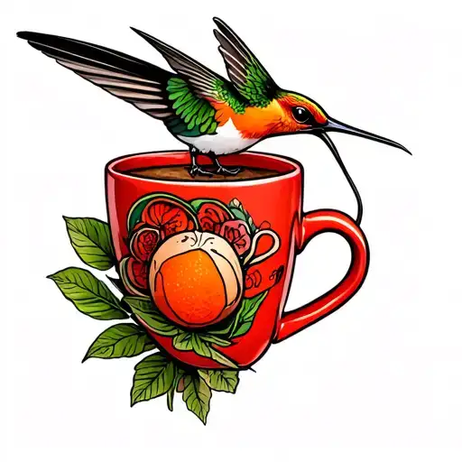 A Red Coffee Mug With A Orange Humming Bird Sitting Drinking Coffe