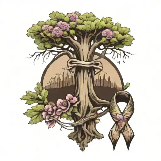 Oak Tree With Cancer Ribbon Wrapped And Fowers At The Base