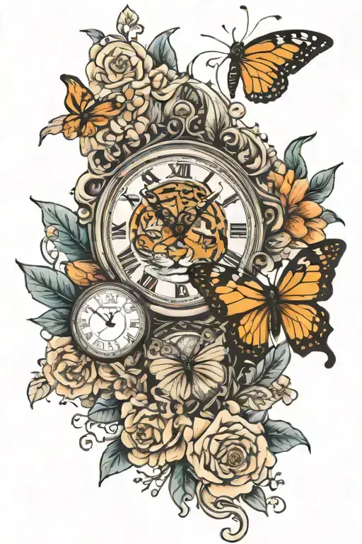 Greek Mythology With A Clock And Tiger And Flowers And A Butterfly