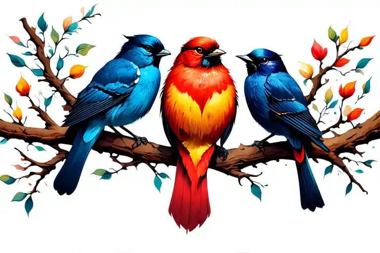 3 Birds Of Different Color On Long Windy Branch