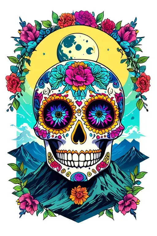 The Best Version Of Colorful Sugar Skull With A Moon Surrounded By Mountain