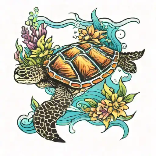 Underwater Scene Colorful With A Sea Turtle Swimming And Garden City Nc Pier In The Background