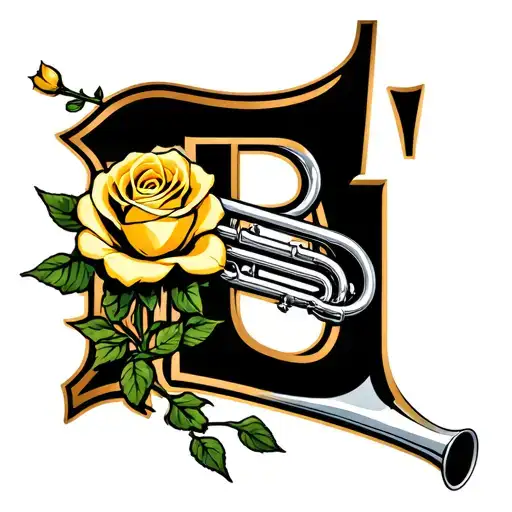 Capital E In Avestrava Font With A Silver Trumpet And Long Stem Yellow Rose