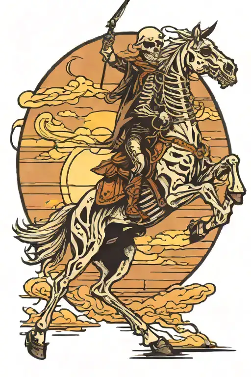 Skeleton Riding Horse Into Sunset