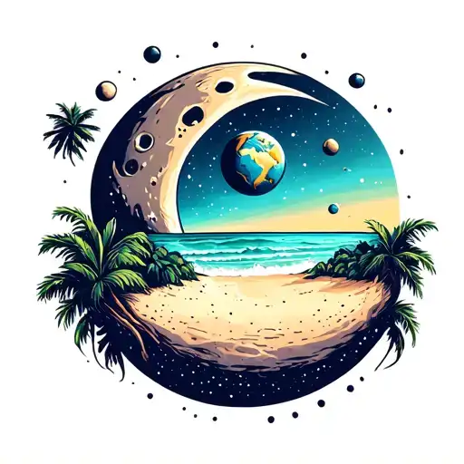 Beach On The Moon In Outer Space Looking At Earth