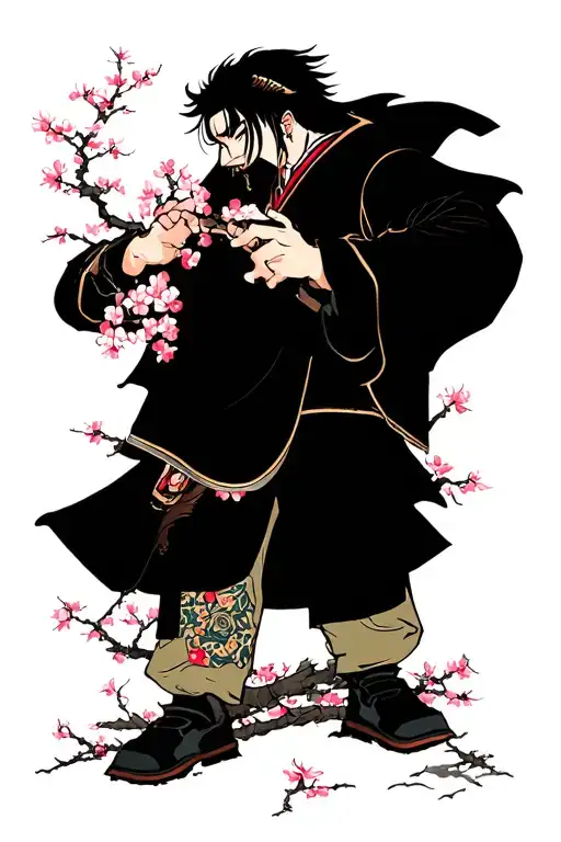 Japaness Samuri Leaning Aginsit A Cherry Blossom Tree