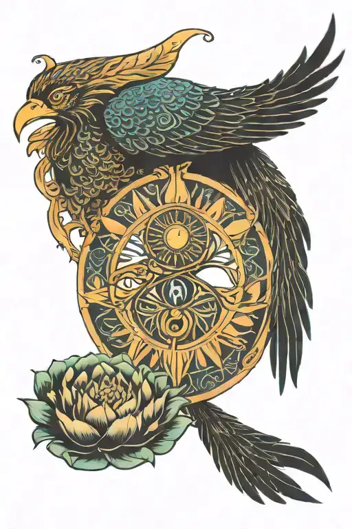 Spine Tattoo Of Phoenix And Lotus Flower And Eye Of Ra And Eye Of Horus And Snkh