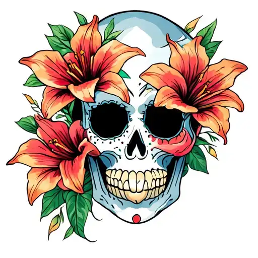Sugar Skull Side Profile With Lillies