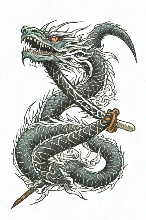 Japanese Dragon Wrapped Round A Katana Sword