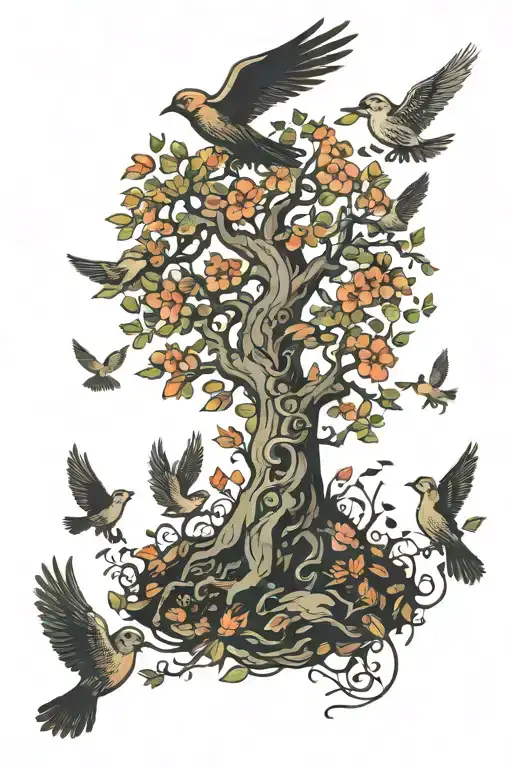 Posien Tree With Birds Flying Away