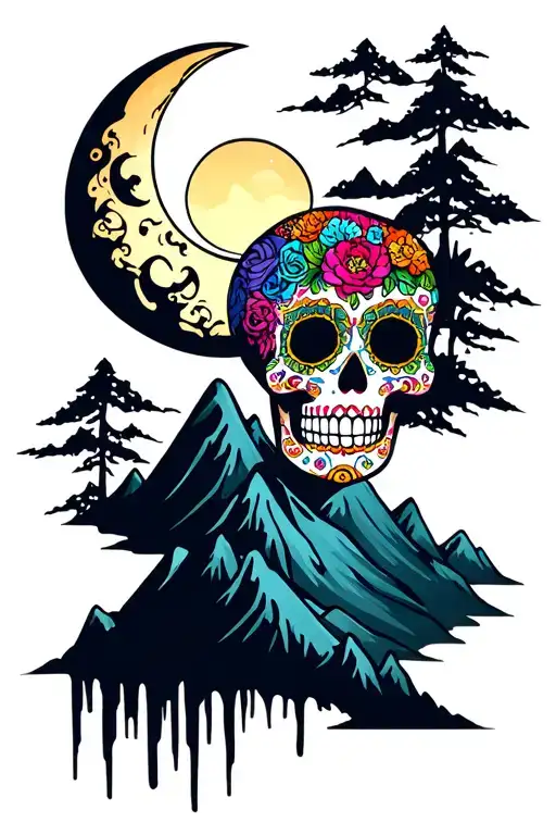 The Best Version Of Colorful Sugar Skull With A Moon Surrounded By Mountain