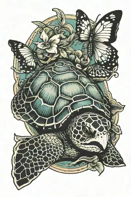 Sea Turtle With Butterfly On Nose