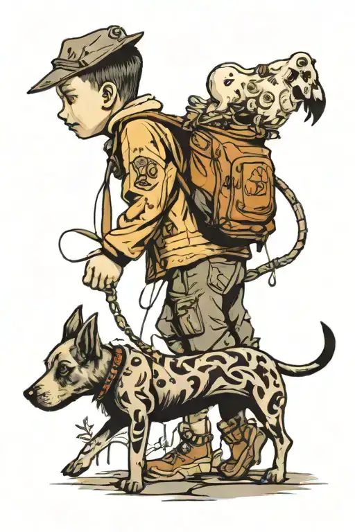 Boy With Dog Walking Away