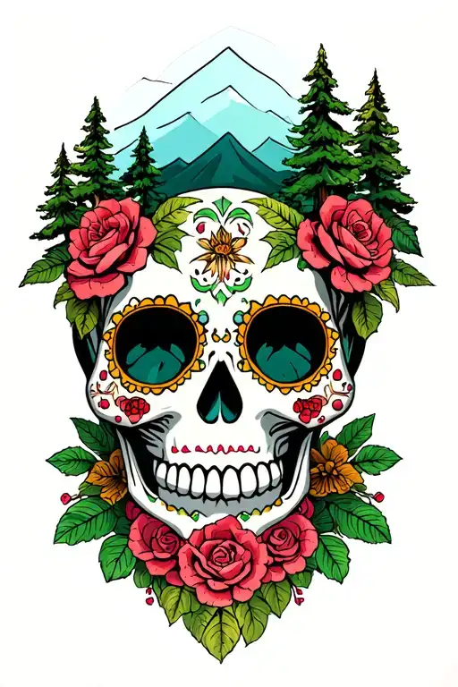 Sugar Skull Surrouded By Green Mountain And Trees