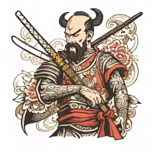 Short Hair Bearded Samurai Warrior Holding