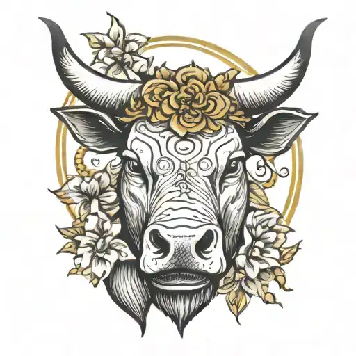 Bull Head Looking Forward With A Black Eye And A Gold Halo Hanging From One Horn