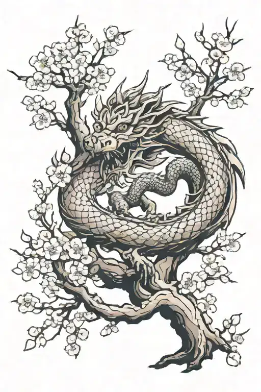 A Cherry Blossom Tree With A Dragon Wrapped Up The Tree Starting From The Trunk