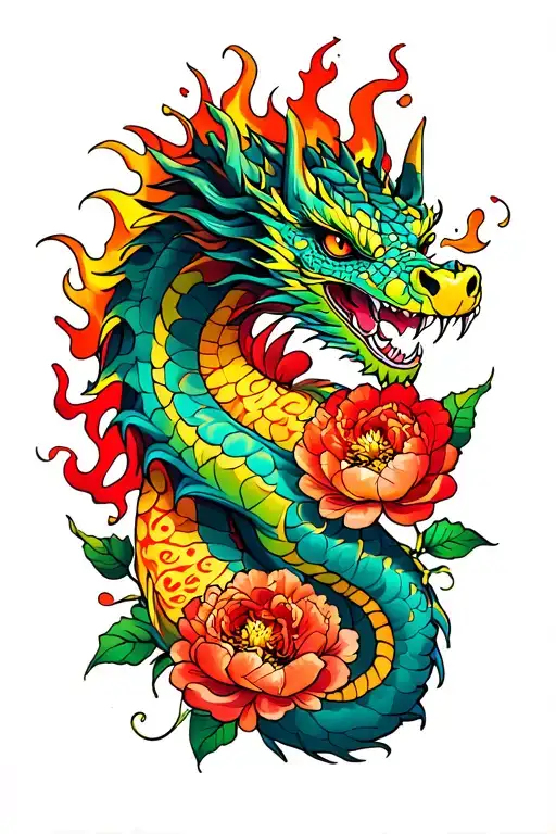 Sleeve With Dragon In Color And Leopard Print Peonies And Flames