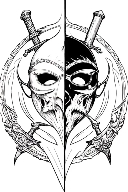 Sleep Token Vessel's Mask Split In Half Misaligned With A Sword Through The Middle