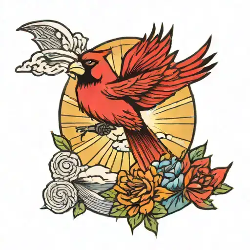 Rainbow In The Sky With A Cardinal Flying Towards The Sun