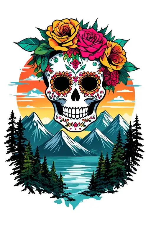 Sugar Skull Surrounded By Mountain