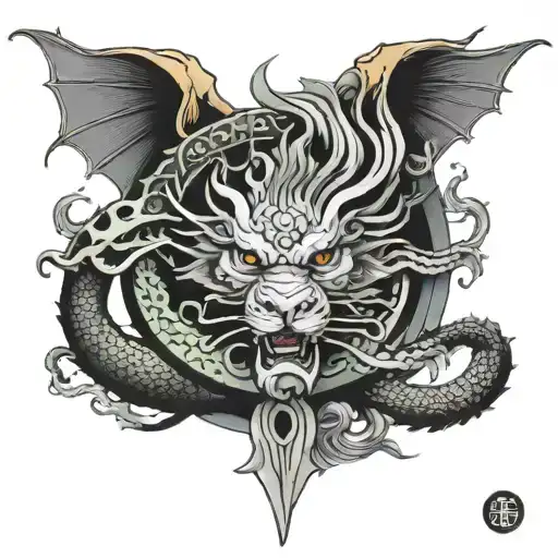 Lion Dragon Luck Yin Yang With Samurai