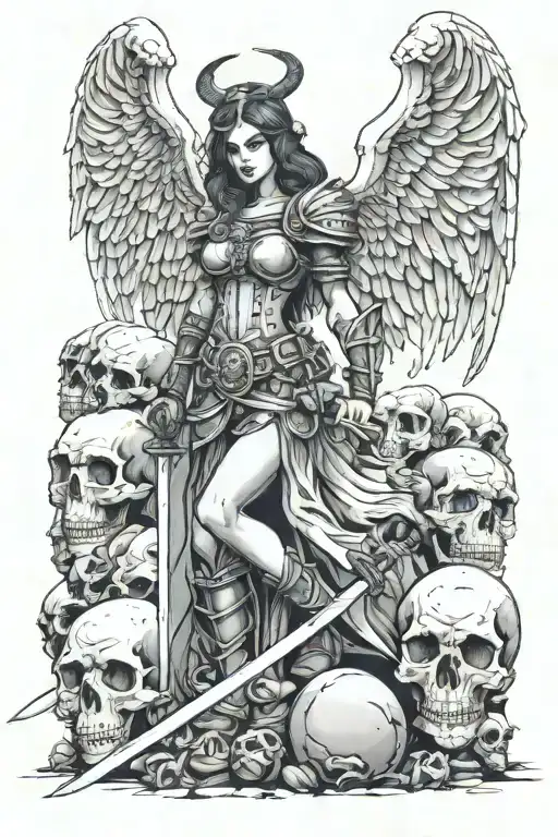 Female Angel Of Death Warrior Holding Sword Standing On A Mound Of Skulls