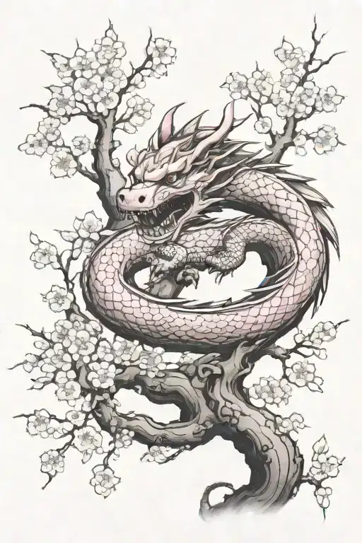 A Pink Cherry Blossom Tree With A Dragon Wrapped Up The Tree Starting From The Trunk