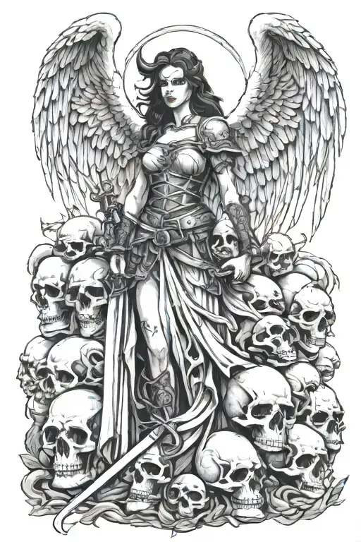 Female Angel Of Death Warrior Holding Sword Standing On A Mound Of Skulls