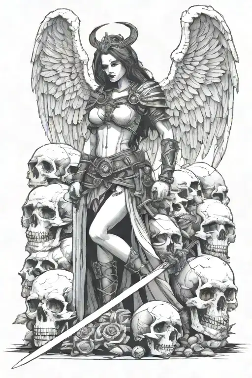 Female Angel Of Death Warrior Holding Sword Standing On A Mound Of Skulls
