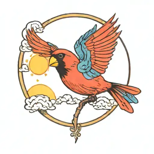 Rainbow With A Cardinal Flying Towards The Sun