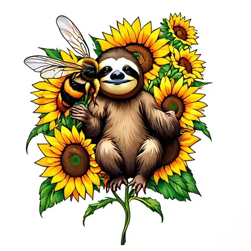 Sloth Holding A Bee With One Arm And Surrounded By Sunflowers