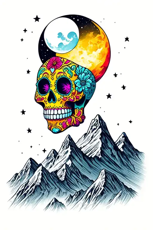The Best Version Of Colorful Sugar Skull With A Moon Surrounded By Mountain